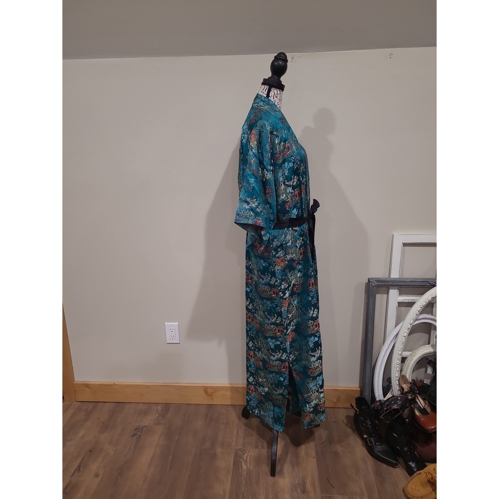 Vintage Eastex Kimono Robe women SZ‎ M Teal all over Floral Japan jacquard print - Picture 3 of 11